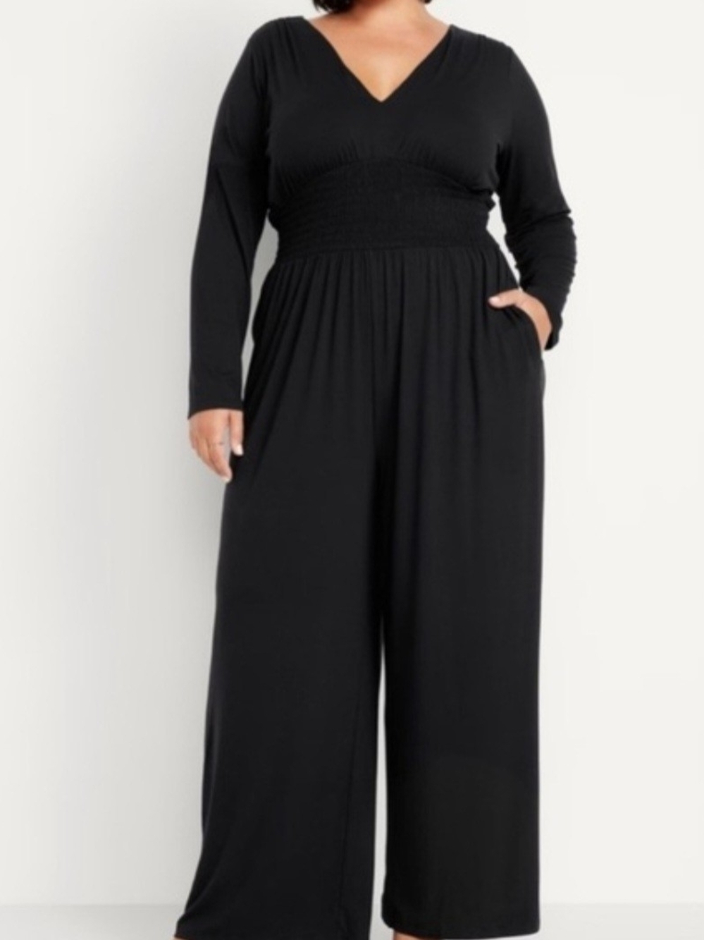 Old Navy Black V-Neck Smocked-Waist Long Sleeve Jumpsuit